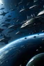 Placeholder: Lots of futuristic spaceships all flying away from the earth