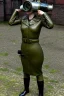 Placeholder: Russian military girl. Steam-punk style face and head with integrated old-fashioned cameras and phones. Army green surfaces body, latex. Perfect body, thick thighs and calves. simple face. Wide hip, skirt bleats nicely. Partly symmetrical. Straitjacket. Rusty and decayed background. Steam-plunge air-bottles. Euclidean 3D-tiling walls. 5th dimensional surface structures. Oppressive atmosphere