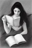 Placeholder: Pencil sketch of Young woman, Arab features,sad, long wavy hair, reading a book, full body، on lined paper