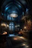 Placeholder: enchanted whimsical scary library with a vaulted ceiling and a chandelier illuminating its room behind it; the terrible, mysterious magic atmosphere