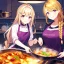 Placeholder: girl, masterpiece, best quality, volumetric lighting, detailed outfit, perfect eyes, golden hair, long hair, purple eyes, braided ponytail, smile, cooking, food, hairclip,