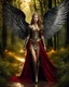 Placeholder: Photography full body A Length image of very beautiful Super model Russian Woman,long hair red as an Beautiful Archangel with wings made from metal craft,dressing luxurious ggolden and black color armor filigree combination fully crystals diamonds stone,luxury boots shoes,in magical night forest full of lamps Background