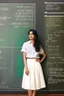 Placeholder: An elegant and graceful Indian actress stands before a green chalkboard adorned with diagrams. She wears a white button-up shirt paired with a flowing skirt, exuding charm and beauty. The scene is captured in exquisite detail with 8K UHD resolution using a DSLR camera, complemented by soft lighting and high-quality film grain from the Fujifilm XT3. With a captivating expression, she gazes upwards, her eyes closed, while adding a touch of allure with fishnet stockings and high heels.