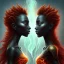 Placeholder: 3D. Detailed Painting .realistic. Dark skin women. Beautiful. the faces of two young black women. Warm. Fire nymphs emerging from the flames.red.. Energy. Focus. THeir hair looks like smoke .smoke curling. Dreadlocs. Their skin is the colour of charcoal . Their hair moves like smoke. . their clothing is made of flames, red. Orange. Yellow. White and gold