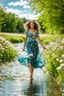 Placeholder: shot from front ,green field and wild flower field ,beautiful girl in pretty dress curly hair walking in water toward camera in trees next to wavy river with clear water and nice sands in floor.camera capture from her full body front, spring blosom walking to camera ,wild flowers moving in the wind ,blue sky,moving pretty clouds ,joy full facet.