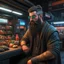 Placeholder: Cyberpunk bearded market stall seller