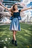 Placeholder: fullbody girl makeup wearing a victorian short dress walking in moder city of 2040 park ,flowers ,pretty clouds in blue sky,city escape.