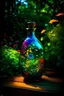 Placeholder: glowing magical potion in an antique bottle with lush green vines with multi-colored blossoms wrapped around the outside of the bottle, sitting on top of a lush garden scape