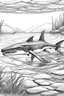 Placeholder: Outline art, no shading, full body shark in the river, black and white, low detail, --ar 9:11