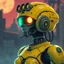 Placeholder: a feminine robot, yellow, post apocalyptic, fallout, dystopia, neon vintage anime
