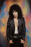 Placeholder: oil painting, text "KISS" - facial portrait with makeup - 20-year-old Paul Stanley with long, wavy curly black 1980's style big hair, wearing a black leather jacket, extremely colorful, multicolored watercolor stained wall in the background - in the art style of Boris Vallejo, Frank Frazetta, Julie bell, Caravaggio, Rembrandt, Michelangelo, Picasso, Gilbert Stuart, Gerald Brom, Thomas Kinkade, Neal Adams - explosions, flames, fog, clouds, dust,