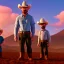 Placeholder: Walter White and his family with a cowboy fight, 8k, realistic body, with a fedora, sunset background,