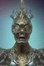 Placeholder: black male African alien, cracks in the voodoo head, wicked, Asian eyes, crown, blood, 8k, finely detailed, photo realistic, Boris Vallejo style turquoise skull head gold dragon space alien rain skeleton gold tooth silver helmet silver space suit spaceships