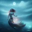 Placeholder: cinematic image of a mermaid in the shore, alot of fog with bloom, darknight with a moon and big clouds, 8k, full details, glowing blue, foggy night