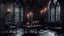 Placeholder: a high-detailed gothic castle room with unique interior. The stunning antique beauty is captured with an old, moody atmosphere. The gothic windos and interiors in Victorian and Goth style table with one candle, chair, mirror, old crepy dark pictures, one stunning old black marble fireplace, nice armchair , some spider webs on window, sharp focus, realistic,. The color palette is dominated by black, red, silver, hues, casting a dramatic glow , interior photo, hig realistic, detailed, beautifull s