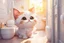 Placeholder: cute chibi cat in the bathroom in sunshine