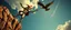 Placeholder: the jester or fool from major arcana tarot,dancing joyfully on the edge of a cliff streching for a bird leaning into the air, seen from below, close up portrait of dj magic farmer pilot looking down on cam, with background in the style of escher and giger, a chill contrapunctus fugue in the style of fsol, beethoven, held up and protected from disaster