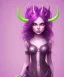 Placeholder: cute purple haired devil girl with bright green eyes and 2 black horns on her head wearing a purple/pink dress