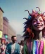 Placeholder: Ultra Realistic photo, medium shot view, drunken sweet dancer old brunette woman, carnival scene, monster hair, steampunk style. Red hair, confeti, smile, happy, festival, ovnis, gradient color fog. highly detailed, concept art, unreal engine 5, ray tracing, RTX, lumen lighting, ultra detail, volumetric lighting, 3d, finely drawn, high definition, high resolution.