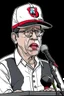 Placeholder: Ilustración vectorial de Gustavo Petro con gorra deportiva camisa, hablando con micrófono, colores negro, blanco y rojo, fondo negro