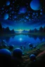 Placeholder: A surreal and vivid landscape, reminiscent of a DMT-induced hallucination. The sky is a deep indigo hue, almost black, speckled with thousands of glowing, iridescent orbs. These orbs range in size from that of a golf ball to that of a small planet and seem to be in constant motion, swirling and spiraling across the sky. The landscape below is filled with bizarre and fantastical forms. Towering, translucent trees with twisting branches and glowing veins sway gently in a non-existent breeze. Their