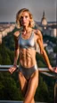 Placeholder: beautiful anorexic ukrainian woman, total shot, shiny silver triathlon swimsuit, short blond wavy bob hair, blurred city background