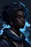 Placeholder: A young male Air genasi with black skin smoke some hair