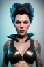 Placeholder: Hannah Waddingham as evil queen in black leather, busty, cleavage, curvy, lena headay, angry, stern look. character design by cory loftis, fenghua zhong, ryohei hase, ismail inceoglu and ruan jia. unreal engine 5, artistic lighting, highly detailed, photorealistic, fantasy