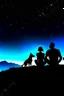 Placeholder: black background on a mountaintop and three silhouettes of a fit man, a silhouette of a fit woman, and silhouette of a Belgian malinois sitting next to the men and the woman looking at the stars