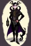 Placeholder: Young tiefling nobleman alchemist with black hair horns and large reptilian tail gothic jewelry and potion bottles in the style of Charles Addams