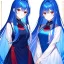 Placeholder: Clear focus, 8k, beautiful lighting, vibrant colors, girl, blue hair, long hair, vibrant red eyes, same twins, same clothes,