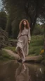 Placeholder: full body shot of a very beautiful lady curly hair, walks in the country side with a narrow river with clean water and nice rocks on floor. The trees and wild flowers pretty country houses ,nice cloudy sky.