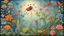 Placeholder: whimsical folk art picture of a small bug looking up at a very tall plant based frog, flowers, butterflies, dragonflies, pond atmosphere, brilliant colors,