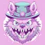 Placeholder: Pink and light purple pastel dream Monster, wolf with teeth all over body, top hat and a monocle, 3 eyes and a split tongue, horror cute cartoon,