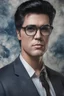 Placeholder: Elvis Presley as Clark Kent, 4k UHD, photorealistic, ((big, full, plump, pouty lips:1.5)) black hair, big cat-eye eyeglasses, dark blue foggy gradated marble wall background, extremely detailed skin texture,