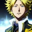 Placeholder: Detailed anime portrait of denki Kaminari my hero academia, yellow hair, black suit, intricate details, full body portrait, keep head in frame, slight smile, black Japanese motif, concept art, highly detailed, digital painting, concept art, sharp focus, illustration, art by Yoji Shinkawa, WLOP and greg rutkowski and alphonse mucha and artgerm and yanjun Chen and Junji ito and Makoto Shinkai, HDR, octane render