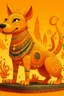 Placeholder: A yellowish orange colored sound elemental dog designed in Mayan architecture painted by Qiu Ying