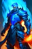 Placeholder: Hero pose dnd character. Paladin. Male. Heavy armor. Blue hair, beautiful, fierce, and angry. Gothic. Fiery, Ghostly background.