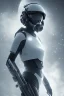 Placeholder: Ana de Armas, identical features, Black intergalactic pilot suit, portrait, bright white eyes, wearing high tech pilot breathing mask, beautiful face, white smoke, dark, rage, sorrow, high definition, ultra 8 k, volumetric lighting, blue fire, fog