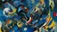 Placeholder: A dark blue chaotic realm with pixies painted by Wassily Kandinsky
