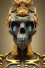 Placeholder: black male African alien, cracks in the voodoo head, wicked, diamond eyes, crown, blood, 8k, finely detailed, photo realistic, leopard style turquoise skull head gold dragon space alien rain skeleton gold teeth silver crown silver space suit spaceships