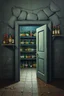 Placeholder: Bosch painting style nightmare, a wall with An open big door behind the door are shelf’s with many kinds of alcohol bottles