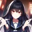 Placeholder: Clear focus, high resolution, black long fluffy hair, red eyes, wearing a sailor uniform, doing a evil smile, Style Daria