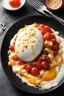 Placeholder: shocking bloody Guillotine magazine cover: Bloody Soft Eggs with Carbonara Cream. This dish is a bold twist on a classic, marrying the elegance of soft-cooked eggs with a rich, velvety carbonara cream, all brought together by a dramatic tomato-based sauce that adds a striking visual appeal.