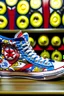 Placeholder: A converse sneaker, superman stickers all over sneaker