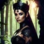 Placeholder: Morena Baccarin as a beautiful sexy dark elf queen seated elegantly on a throne in a mystical forest, dark celtic vignette frame, photo-realistic, cinematic lighting, award-winning photography