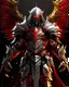 Placeholder: silver and gold armor with glowing red eyes, and a ghostly red flowing cape, crimson trim flows throughout the armor, the helmet is fully covering the face, black and red spikes erupt from the shoulder pads, crimson and gold angel like wings are erupting from the back, crimson hair coming out the helmet, spikes erupting from the shoulder pads and gauntlets, sitting on a burning throne of skulls