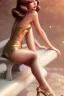 Placeholder: pin up girl, sitting on a bench with perfect legs, mini skirt, smooth delicate skin, soft light, long silky golden hair, fantasy outfit, slight smile, intricate, detailed face, concept art, digital painting, digital art, masterpiece