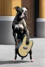 Placeholder: One single mature Staffordshire terrier, friendly, playing guitar in the street , Vienna, opera, sunny day, model style, hyper realistic, extremely accurate, delicate, extremely detailed, Graphic novel style, wide-angle, open aperture, superfine pencil