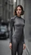 Placeholder: photography of a beautiful anorexic woman, grey satin triathlon top, sports illustrated, brunette short wavy bob haircut, pronounced sternum, flat chest, anthracite short leggins